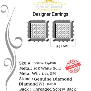 10K Real Yellow Gold Real Diamond 0.05ct Men's/Women's Square Stud Micro Earring image 3