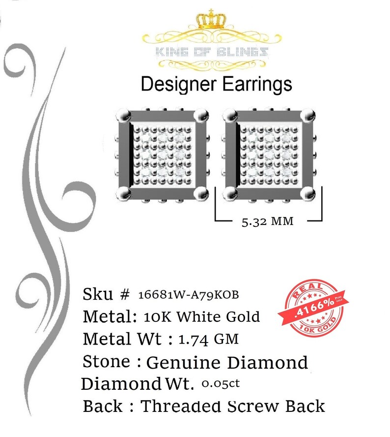 10K Real Yellow Gold Real Diamond 0.05ct Men's/Women's Square Stud Micro Earring image 3