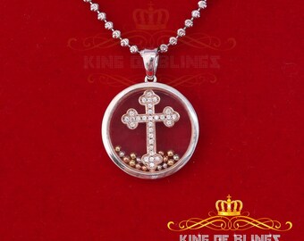 King Of Bling's Attractive White 925 Sterling Silver Round Cross Pendant with Cubic Zirconia