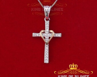 King Of Bling's White 925 Sterling Silver Cross with Heart Pendant with 0.22ct Cubic Zirconia