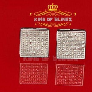 King Of Bling's Aretes Para Hombre 925 White Silver 0.20ct Diamond Stud Men's Square Earrings