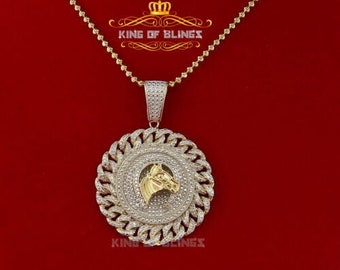 Real 0.33ct Diamond 925 Sterling Silver CUBAN LINK HORSE Necklace Yellow Pendant