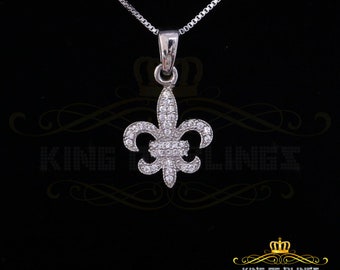 King Of Bling's 925 Sterling White Silver Fleur de Lis Shape Pendant with 0.38ct Cubic Zirconia