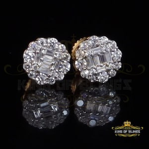 Aretes Para Hombre 925 Yellow Silver Iced out CZ Round Screw Back Stud Earrings
