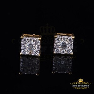 Mens Elegant Square yellow Gold Sterling Silver Screw Back Hip Hop Stud earrings