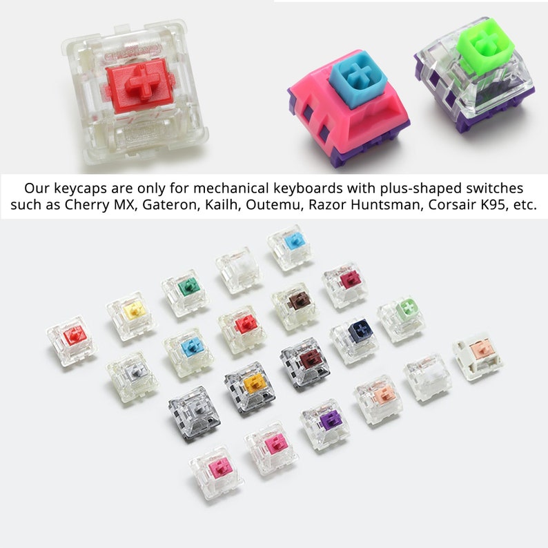 May include: A collection of colorful mechanical keyboard keycaps. The keycaps are various colors, including red, pink, blue, green, and purple. The text in the image says, "Our keycaps are only for mechanical keyboards with plus-shaped switches such as Cherry MX, Gateron, Kailh, Outemu, Razor Huntsman, Corsair K95, etc."