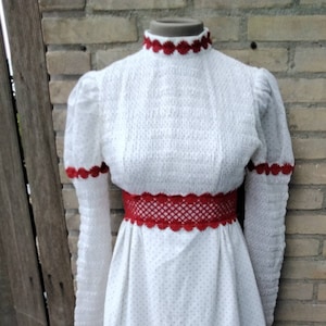 Vintage 70s handmade White red velvet polkadot  with crochet details, puffsleeves maxi dress, cottagecore white high collar polkadot dress