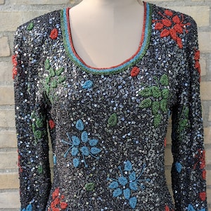 Vintage sequin dress with beaded leaves, sequin dress, beaded dress, glitter dress