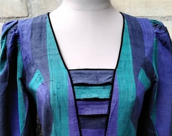 Rose Dirndl aus Bayern vintage jewel color wide stripes,wild silks size 10/12 UK Dirndl dress,Dopamine color green, purple folks dress