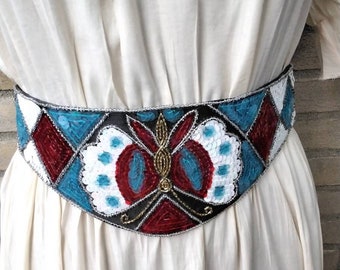 Vintage 80's made in India Janta butterfly sequins and beans waist belt, corset