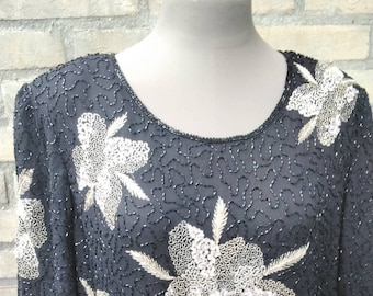 Vintage 1980's negro, beige flor con cuentas lentejuelas mangas cortas top, lentejuelas, cuentas, chic, negro, crema brillo lentejuelas mujer blusa