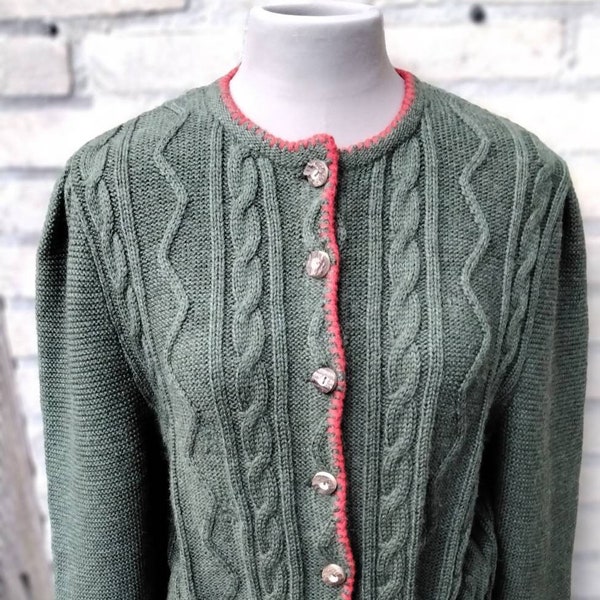 Vintage Giesswein green 80s  tiroler puffsleeves  green wool cable cardigan, traditional woman austrian balloon sleeves vest size L