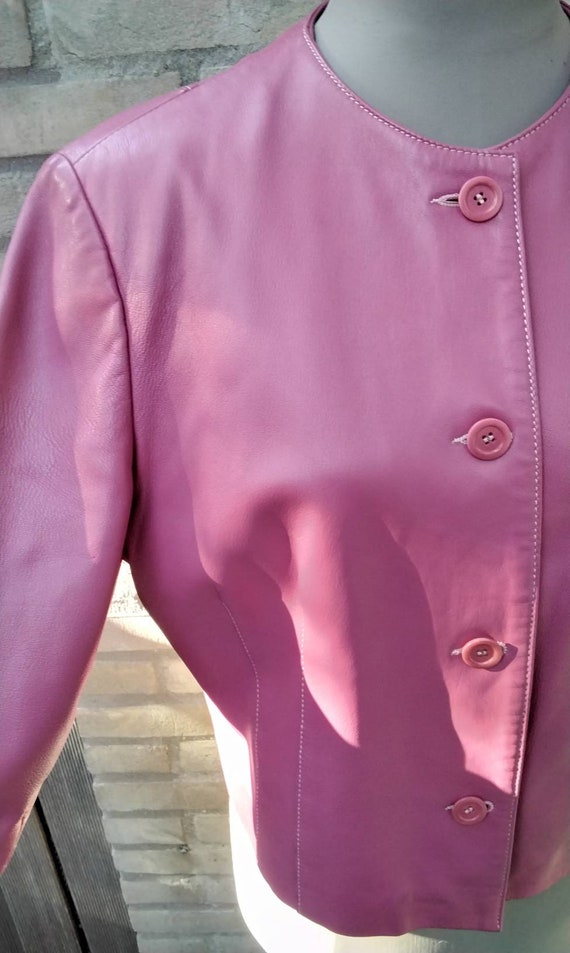 1980's pink soft leather cropped bottons jacket S… - image 2