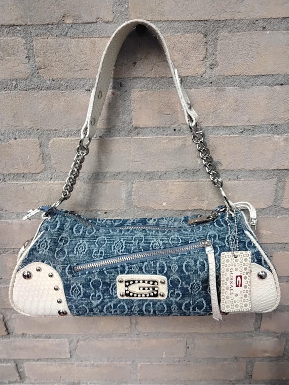 GUSSACI  Y2K wash denim white  silver hardware  studs rhinestone chain hobo shoulder handbag purse