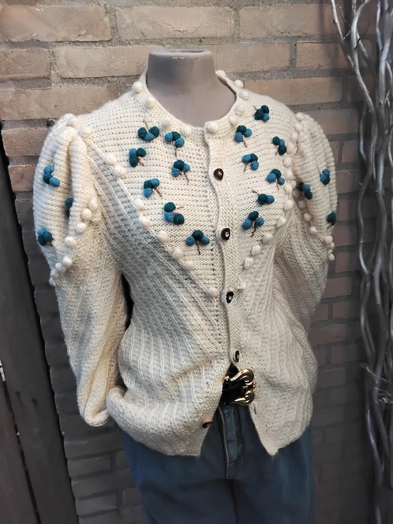 Vintage Hand Knitted Ivory Beige Cream With Embroided Bleu Flowers