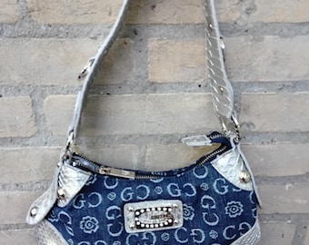 GUSSACI Y2K Denim Sky silver Baquette shoulder under the arm handbag purse Guess inspire