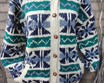 Vintage Madein Ecuador 100% Handspun Green Bleu White Colorful 