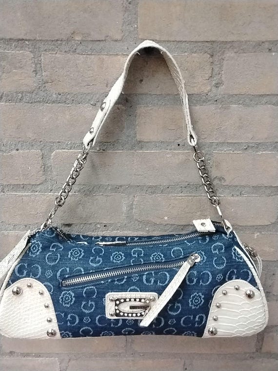 GUSSACI  Y2K denim white  silver hardware  studs rhinestone chain hobo shoulder handbag purse