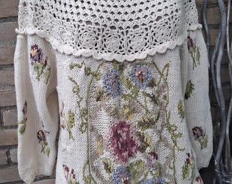 Jennifer Reed 80s hand knit crochet embroided flower pastel cotton ramie sweater Cottagecore romantic boho chic pullover