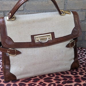 Vintage brown leather with beige cream canvas. Linen tophandle flap handbag woman classic bag two colors handbag
