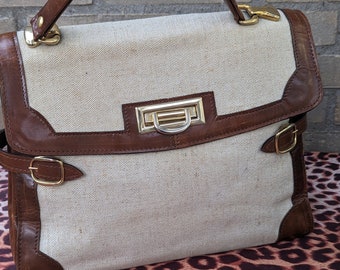 Piel marrón vintage con lona crema beige. Bolso bandolera de lino con solapa bolso clásico de mujer bolso bicolor