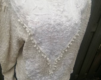 Suéter de algodón beige vintage de los años 1980, suéter beige con apliques vintage, jersey de boucle vintage de los años 80, suéter de los años 80 con manga abullonada