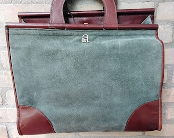 Angelica vintage bicolor marrón y petróleo, ante azul con detalles de cuero bolso boxy bolso de dos asas satchel