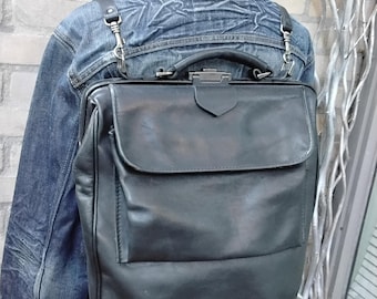 Vintage Black Leather Motorcycle large Backpack  Doctor Bag Style Clasp Briefcase Rucksack 80s 90s Black Leather Biker