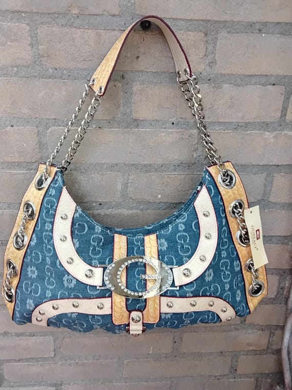 GUSSACI Early 2000s Y2K Vibe Denim  monogram  Pu silver hardware  rinestone studs chain hobo shoulder handbag purse