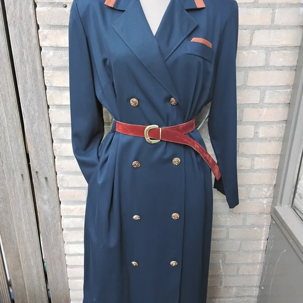 Classic Patrick de Dion navy bleu with brown trim double breasted Robe Manteau dress coat size L/XL eu 46 USA 16 Uk 18