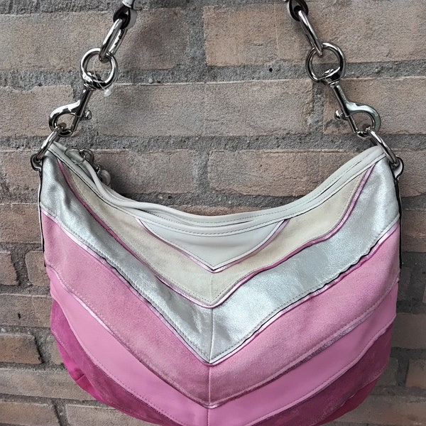 Vintage COACH pink Chevron suède stripes leather hobo bag purse satchel