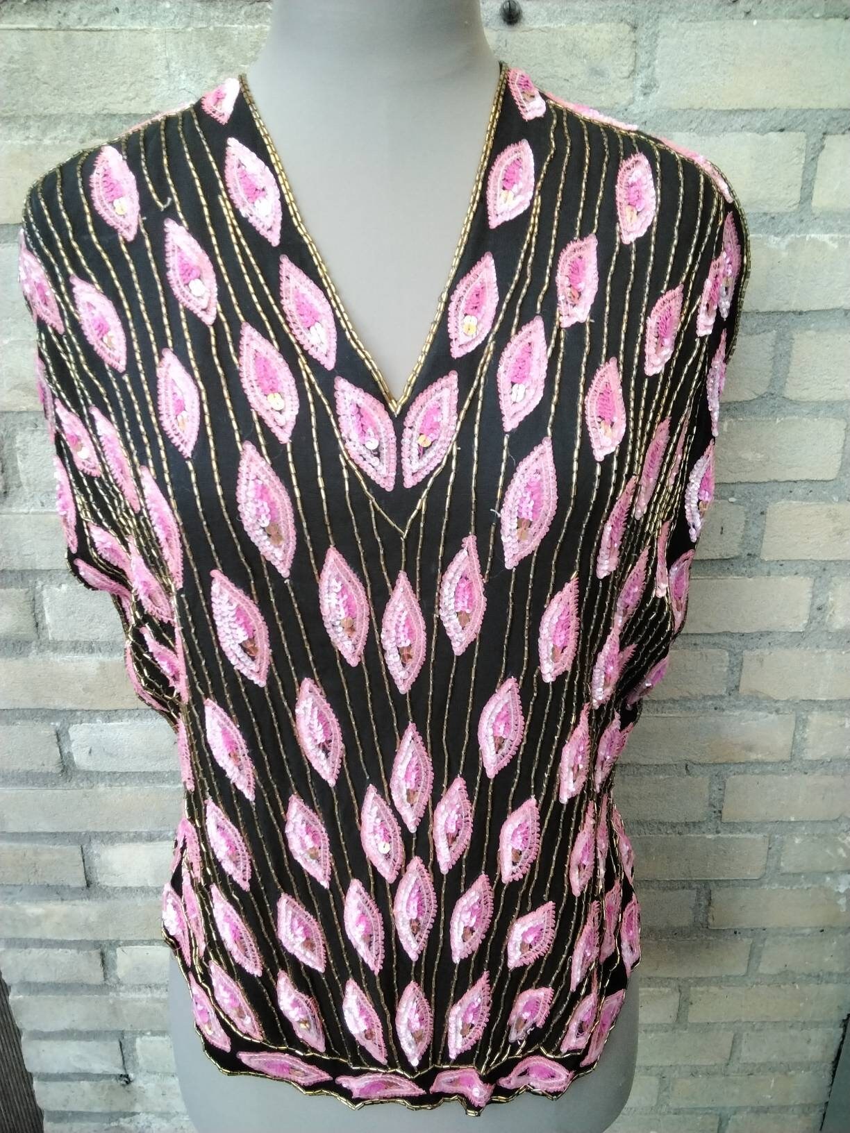 1980年代のヴィンテージシルクハンドメイド、ピンクと黒、スパンコール 