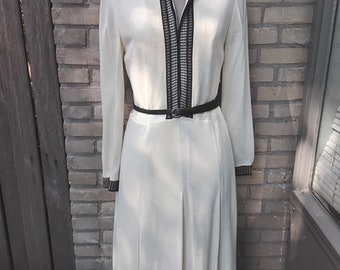 Jersey vintage 70s beige punto crema contraste con ribete rayas vestido talla M/L