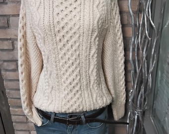 Vintage pura lana gruesa marfil tejido a mano cable irlandés Aran suéter, tamaño S/M crema cable jersey de punto, jersey de esquí beige transportista hombres