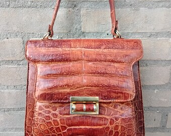 Vintage 60s/70s brown Cognac Embossed Croco Leather structureHandbag, Top, Handle, Purse