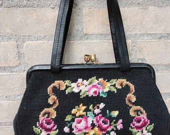 Vintage 1950s negro floral bordado alfombra de tapiz colorido dos bolso de mano Tophandle