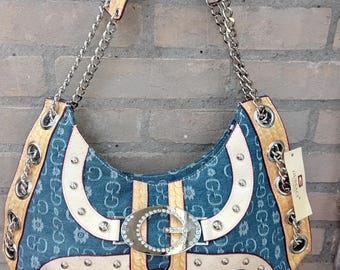 GUSSACI Y2K Denim Sky silver hardware rinestone studs chain hobo shoulder handbag purse Guess inspire