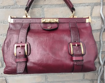 Goldpfeil Leather Vintage Burgundy, Oxblood, Merlot Doctor Bag 80s/ 90s German Luxury Top Handle, Gold Hardware and Frame clip closure