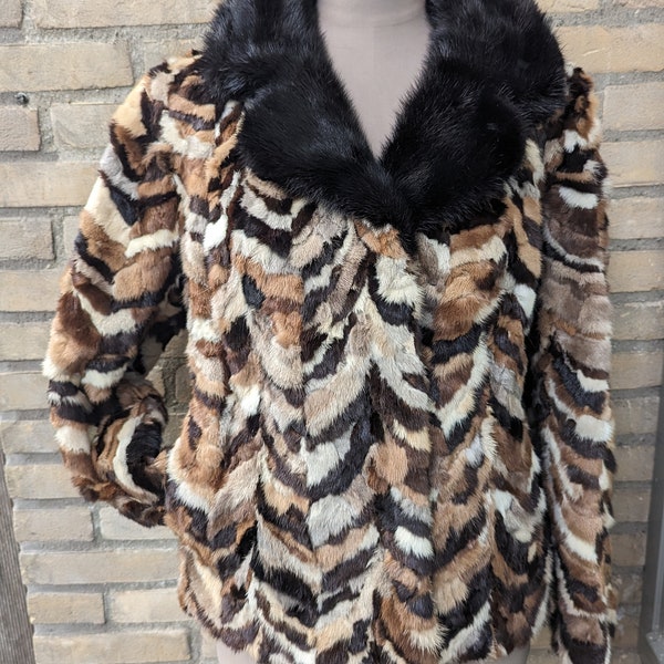vintage années 70 pachwork vison fourrure taille manteau veste taille L trois couleurs beige brun noir fourrure manteau court