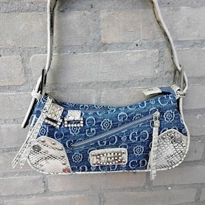 GUSSACI Y2K washed Denim Sky beige black hobo shoulder handbag purse Guess inspire rhinestone studs adjustable strap