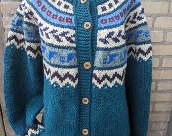 Vintage Sue Dille ECUADORIANA 100% hilado a mano verde bleu lana colorida Patrón de punto grueso cardigan tamaño L