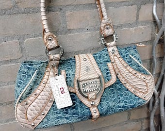 GUSSACI Y2K Monogram washed Denim Beige embossed PU croco Sky hobo shoulder handbag purse Silver hardware rhinestone two handle year 2000s