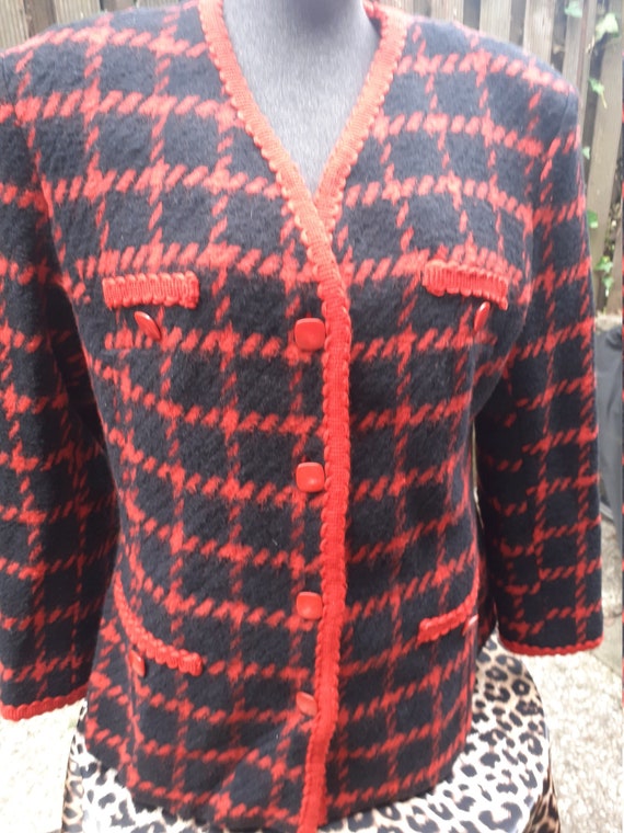 1980s wool red black blazer, ladies cardigan, Jac… - image 1
