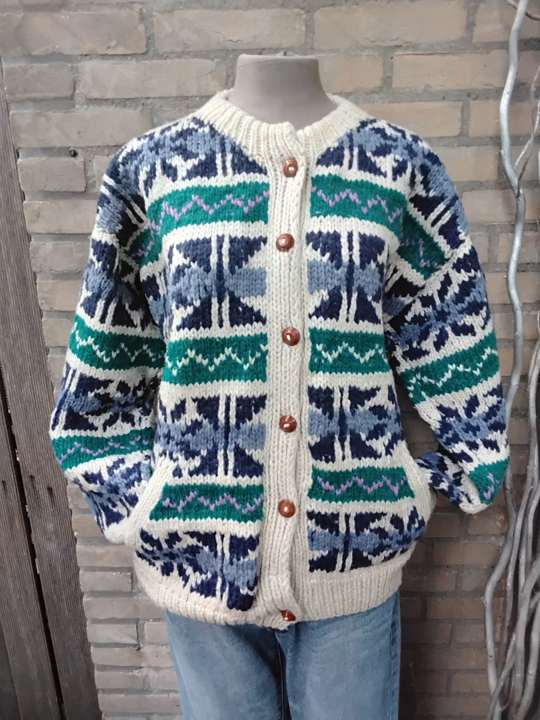 Vintage Madein Ecuador 100% Handspun Green Bleu White Vintage Madein Ecuador 100% Handspun Green Bleu White