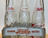 Vintage 1940s Pepsi Cola embossed aluminum metal 6pk soda bottle carrier with 3 Pepsi Bottles Included