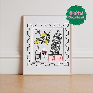 Italien Vintage Briefmarke Poster, digitale Download, Vespa Kunst, Reise Kunst, Wohnzimmer Dekor, Italia, Fine Line, Pisa, Wein Kunst, Zitronen