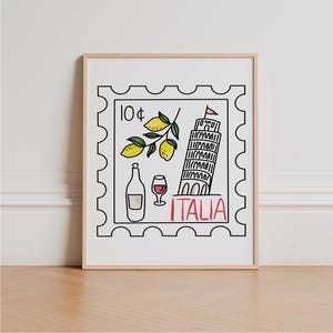 Póster de sello vintage de Italia, arte sin marco, póster de Vespa, obra de arte de viaje, decoración de sala de estar, Italia, línea fina, Pisa, impresión de vino, limones