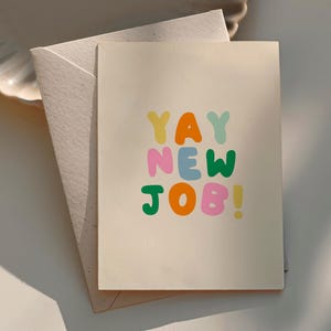 Carte de voeux pour nouvel emploi, carte de célébration, félicitations, vif et audacieux, drôle, meilleur ami, typographie géniale, mariage, maison, maison, travail