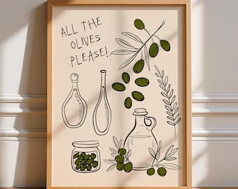 All The Olives Please, Unframed Art, Bold Funky Kitchen Poster, Typography Art, Gallery Wall, Dinner, Food, Trendy Quirky, Green Pink