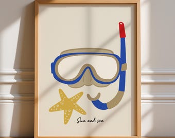 Sun and Sea Snorkel, Unframed Art, Summer, Bold Funky Blue Poster, Typography Art, Gallery Wall, Food, Trendy Quirky, Coastal, Bathroom, Sun